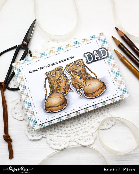 Campfire Tales/Work Boots Stamped Card - Rachel Finn