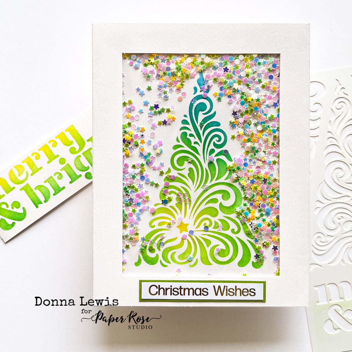 Merry & Bright Stenciled Shaker Card - Donna Lewis