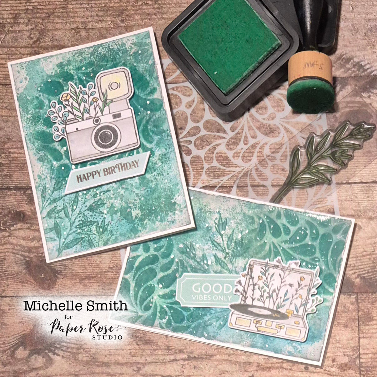 Vintage Floral Camera and Record Player Metal Die & Stamp Cards - Michelle Smith
