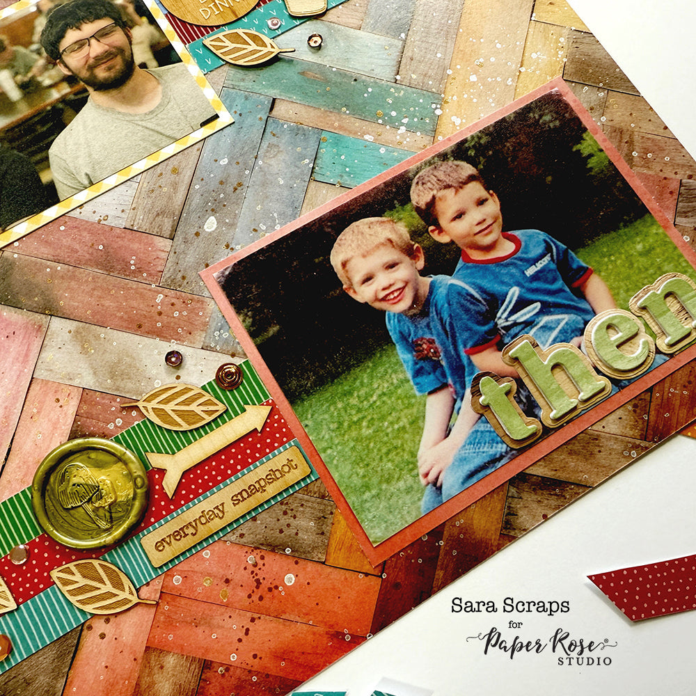 "Now & Then" Rainbow Wood Scrapbook Layout - Sara Scraps