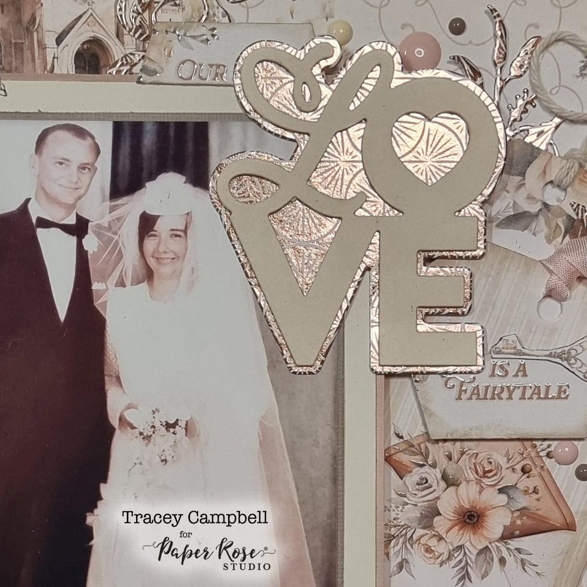 Wedding Joy Rose Gold Foil Scrapbook Layout - Tracey Campbell