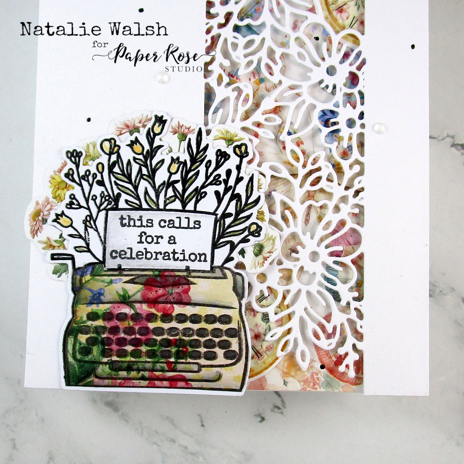 Vintage Typewriter Floral Border Die Card - Natalie Walsh