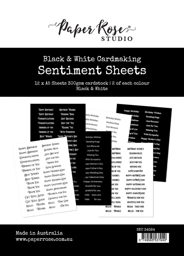 Black & White Cardmaking Sentiment Sheets 6x8" 12pc 34584 - Paper Rose Studio