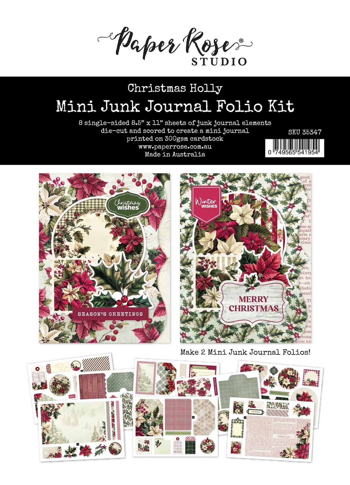 Christmas Holly 8.5" x 11" Mini Junk Journal Folio Kit 35347 - Paper Rose Studio
