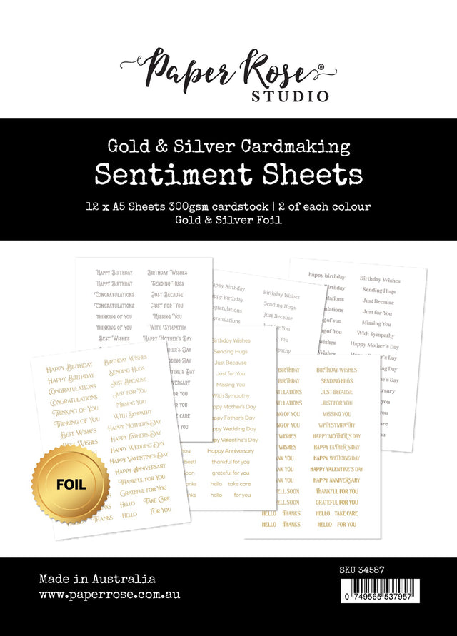 Gold & Silver Foil Cardmaking Sentiment Sheets 6x8" 12pc 34587 - Paper Rose Studio
